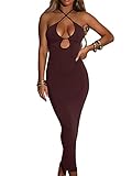 Vestido largo ajustado con tirantes delgados cruzados para mujer, sexy, hueco, cabestro de cintura alta, vestido largo para fiesta de noche, # B Vino, Small