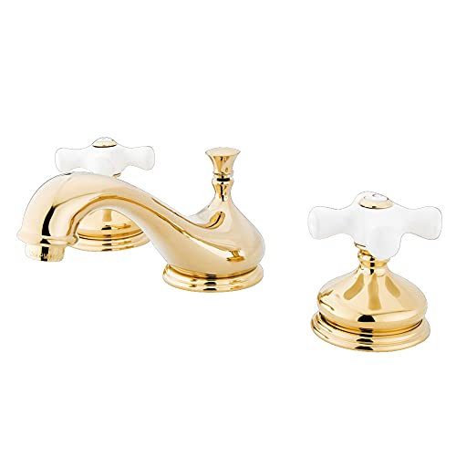 Super Big Clearance! Kingston Brass KS1162PX Heritage Widespread Lavatory Faucet with Porcelain Cross Handle, Polished Brass,8-Inch Adjustable Center