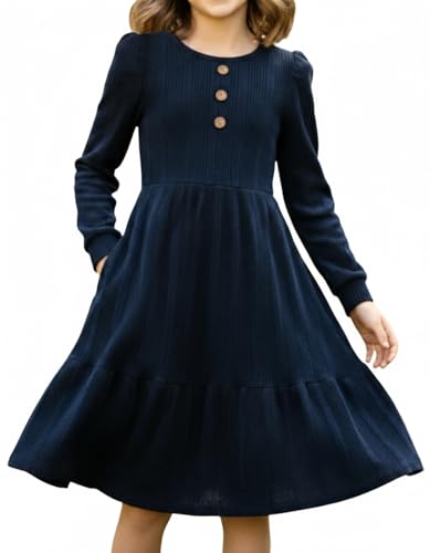 PATPAT Girl's Long Sleeve Sweater Dress Casual Button Front Knit Fall Winter Dresses 5-14 Years