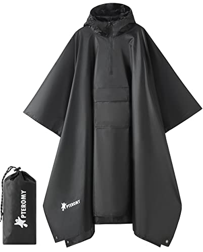 Image of PTEROMY Hooded Rain Poncho for Adult, Waterproof Lightweight Unisex Raincoat for Hiking Camping Emergency