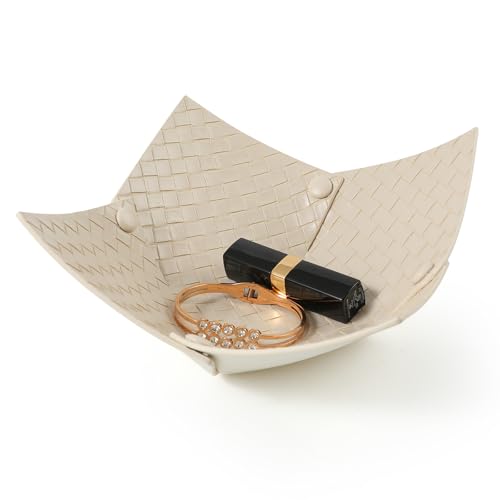 KINIVA 2 Pack PU Leather Jewelry Valet Tray for Men Women,Small Key Bowl for Entryway Table,Portable Travel Catchall Dice Tray (Bowl-White-2pcs)
