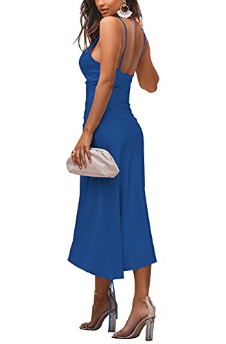 Image of LYANER Women's Satin Spaghetti Straps Cowl Neck Sexy Ruch Cocktail Midi Dresses