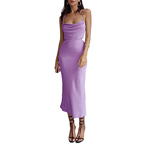 Women's Sleeveless Spaghetti Strap Satin Dress Cocktail Beach Evening Party Cowl Neck Midi Dresses Y2K Camisole Dress (Purple, S)