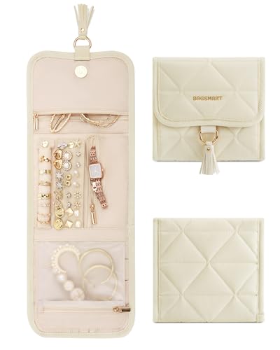 BAGSMART Travel Jewelry Case Organizer, Roll Foldable Jewelry Case for Journey-Rings, Necklaces, Earrings, Bracelets, Brooches, Min, Beige