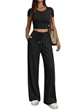JFAN Conjunto Chándal Mujer 2 Piezas Verano Casual Conjunto Mujer Loungewear Ropa Deportiva Para Cómodo Acanalado Corto Top Pantalone Deportivo con Bolsillos,Negro L