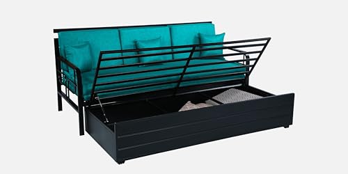 Image of 3 Seater Metal Sofa Cum Bed with Hydraulic Storage | Sofa Set for, Living Room, Guest Room, Bedroom| Single Size Convertible Sofa Bed Comfortable Seating |Single Size (Sea Blue & Black)
