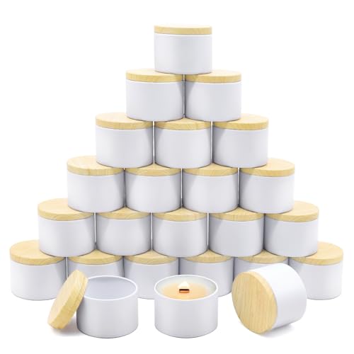 YJHSS 24-Pack 4oz Candle Tins with Wood-Grain Printing Lids Metal Candle Jars for Candle Making Empty Containers Vessels Bulk for Small Business & Beginners DIY Storage -Wood White
