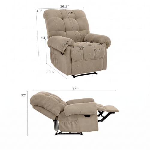 Image of Oversized Manual Recliner Chair with Side Pockets for Home, Camel