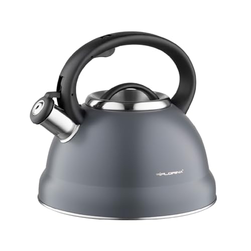 FLORINA Wasserkessel (2,5 l) | Edelstahl Teekessel JACOB | Flötenkessel mit Bakelit Griff & Pfeifton | Pfeifkessel für Tee & Kaffee | Geeignet für alle Herdarten | Farbe: Grau
