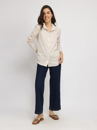 Image of FableStreet Women Shirt | Striped Long Sleeve Polo Collar Button Down | Breathable Linen Blend Fabric | Business Casual & Formal Wear