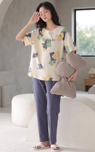 Image of GLASGO Women's Cotton Pajama Set with Top & Pants|| Korean Night Wear|| Loose Fit Home Wear || Lightweight Printed Set || Soft & Comfy Sleepwear for Girls & Women || LNS-4-$