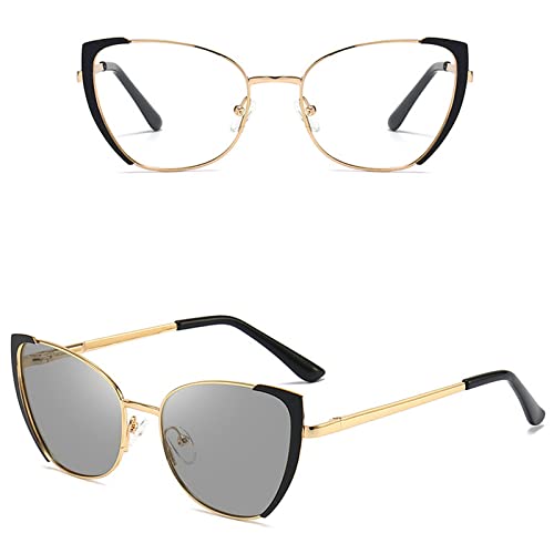 mincl Transition Sunglasses Women Sun Photochromic Lens Metal Full Frame Cat Eye Reading Glasses For Women Black Glasses Frame (Black&gold, 2.5)