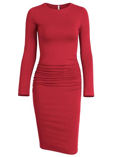 Image of Missufe Women's Long Sleeve Slim Ruched Bodycon Dress 2025 Trendy Fall Casual Round Neck Sheath Knee Length Outfits Clothes