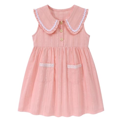 Image of HILEELANG Girls Cotton Dress Sleeveless Peter Pan Collar with Pockets
