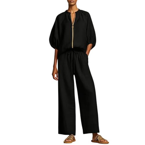 Ensemble en coton et lin noir pour femme avec haut manches 3/4 et pantalon large taille S