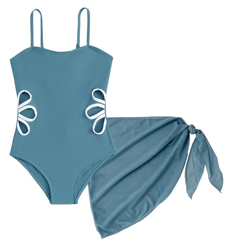 Image of SEAUR Girls Cut Out One Piece Swimsuit with Cover Up Skirt Bathing Suit Swimwear 7-16 Years