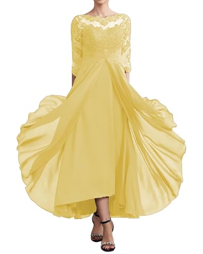 Image of GDJDIFK Tea Length Chiffon Mother of The Bride Dresses - Lace Applique 3 /4 Sleeves Ruched Waist Formal Gown for Wedding Guest Yellow