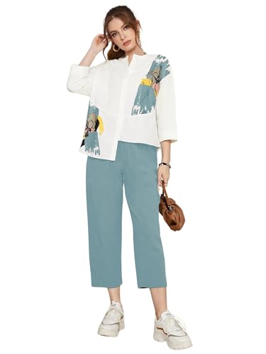 Image of TOPLOT Women's Co-ord Set | Button-up, Loose-fit top with Artistic Abstract Prints| Relaxed Loose Fit Design | Stylish Matching Set with Easy Movement | Casual, Outings (5234)