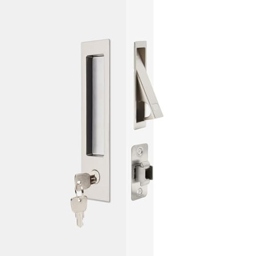 Dontay Pocket Door Handle with Lock and Edge Pull, Narrow Modern Rectangular Keyed Entry Function, Recessed Sliding Door Hardware for 1 3/8” to 2 3/16” Thickness Door (1, Brushed Nickel)