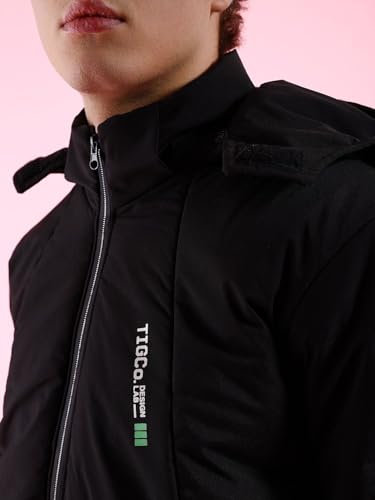 Image of The Indian Garage Co Men Black Regular Fit Solid Hooded Bomber Jacket
