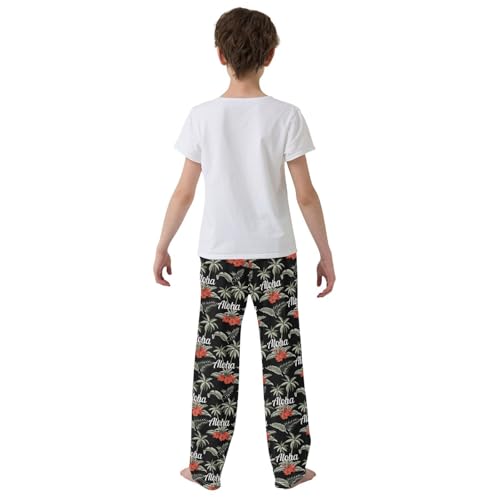 Aloha Hibiscus Palm Tree Boys Long Pants Soft Trousers Elastic Waist Kids Lounge Bottoms with Pockets S-XL3