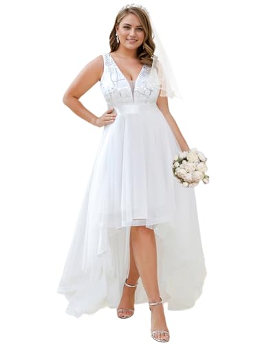 Ever-Pretty Women's Summer Casual Sleeveless V Neck Tulle High Low Plus Size Bridal Wedding Gowns for Curvy Women