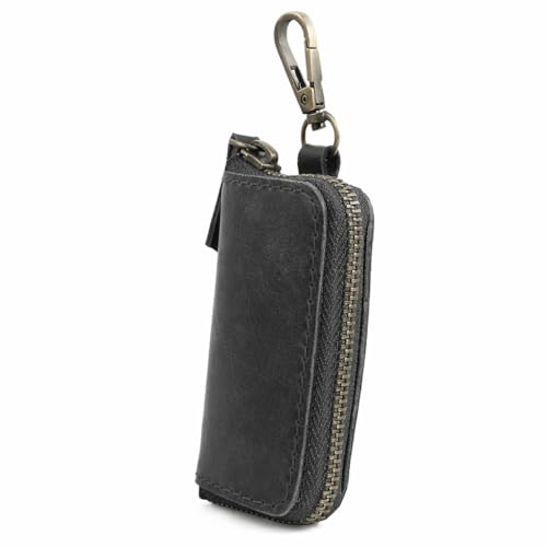 Image of Handmade Full Grain Leather Car Key Holder & Zippered Coin Purse | Belt Loop Key Chain, Compact Earphone Holder Multi-Functional Money Purse Elegant Leather Accessory Versatile Key Organizer (Black)