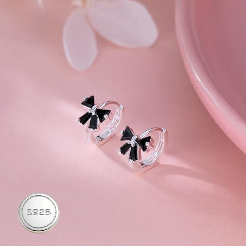 Image of Reffeer Solid 925 Sterling Silver Bow Hoop Earrings Huggie for Women Teen Girls Black CZ Bowknot Hoop Earrings Ribbon Cartilage Huggie