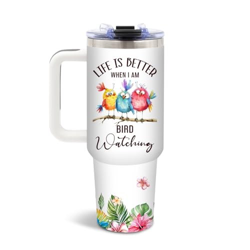 DUUV Bird Watching Gifts for Women Men, Funny Bird Lover Gifts for Birders, Birthday Gifts for Birds Watchers, 40 Oz Tumbler with Handle Lid and Straw, 1PCS
