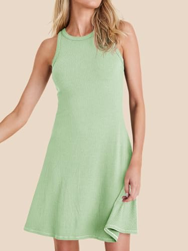 Image of Wenrine Womens Summer Casual Tank Dress Ribbed Knit Sleeveless Crewneck A Line Mini Dresses