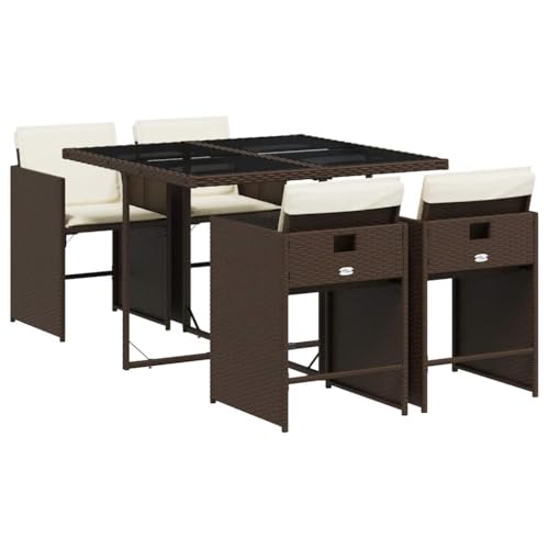 vidaXL Ensemble à Manger de Jardin et Coussins 5 pcs, Chaises à Manger avec Accoudoirs, Ensemble de Meubles avec Table, Moderne, Marron Résine Tressée
