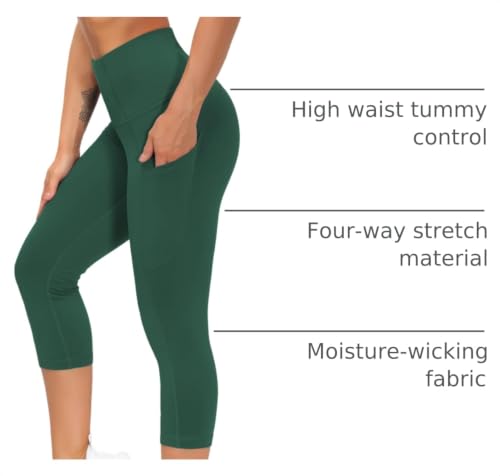Image of THE GYM PEOPLE Thick High Waist Capris Yoga Pants with Pockets, Tummy Control Workout Running Yoga Leggings for Women