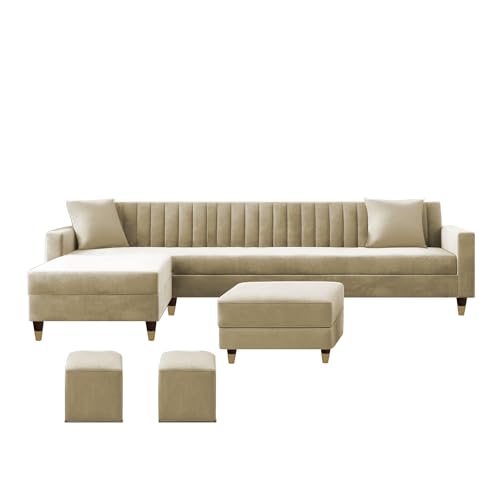 Image of Casaliving Garcia LHS 8 Seater L Shape Sofa Set with Ottoman & 2 Puffy for Living Room (Cream) Premium Fabric Sofa Set