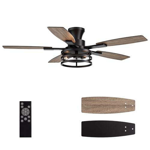 Image of 52 Inch Flush Mount Ceiling Fans with Lights and Remote Control, Low Profile Farmhouse Ceiling Fan for Bedroom Living Room and Patio, Black Caged Ceiling Fan for Indoor and Outdoor