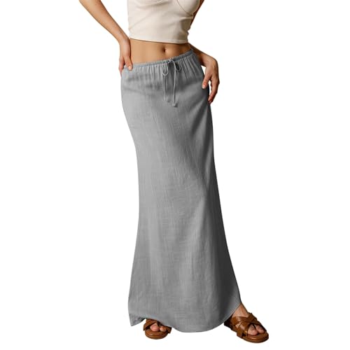 Womens Linen Maxi Skirt Drawstring Low Rise Long Skirts, 2025 Summer Casual Comfortable Bohemian Beach A-Line Skirt