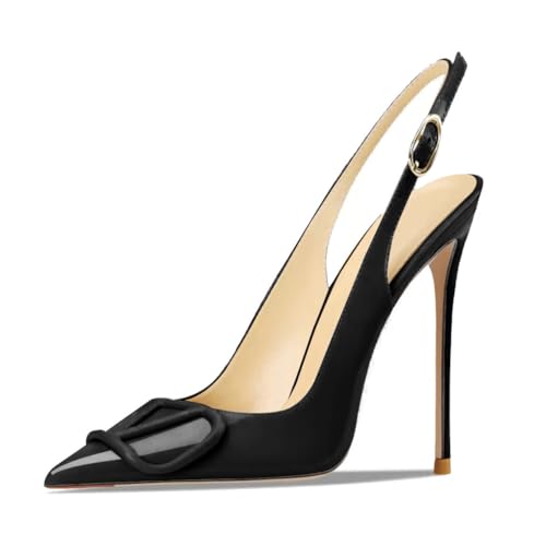 Qynthra Zapatos de Corte Mujer con Hebilla en V Slingback Tacones de Aguja Punta Afilada Zapatos de Noche Elegantes Tacones Altos para Boda y Banquete Formal Piel,Black12cm,39 EU