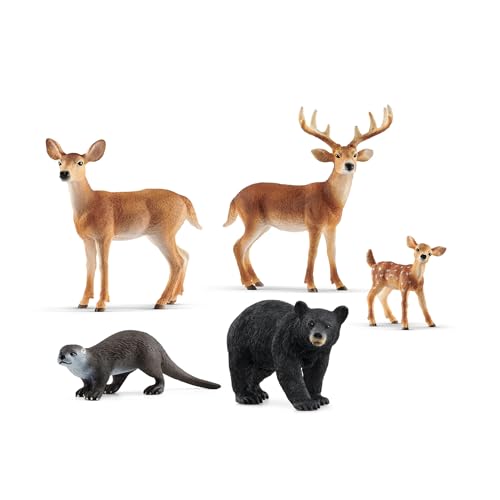 Schleich Wild Life - 5 PC North American Wildlife Animal Toy Figurine Bundle - Includes Realistic Buck, Doe, Fawn, Otter and Black Bear Toys for Boys and Girls - Forest Figures for Kids Ages 3+