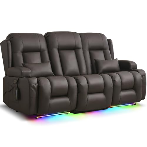 Image of URRED Power Loveseat Recliner Sofa with Massage and Heat,Dark Brown | Wall Hugger Reclining Loveseat with Console, RV Couch Home Theater Seating with LED Lights for Living Room, Faux Leather
