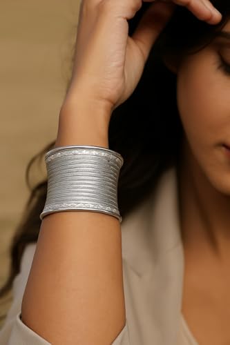 Image of Touchstone Indian Bollywood Desire Brass Base Exotic Workmanship Free Size Cuff Bracelet in Antique Gold Or White Or Copper Tone for Women.