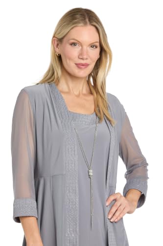 Image of R&M Richards Women's Elegant 2-Piece Shift Dress with Pleated Shimmer Duster Jacket for Mother of the Bride, Cocktail Attire