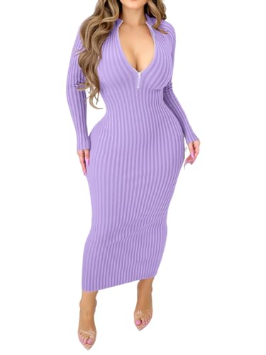 Fastkoala Women's Sexy Ribbed Bodycon Dress Solid Color Long Sleeve Slim Fit Midi Lilac Night Club Party Dresses