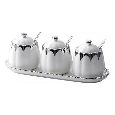 Magnitt Porcelain Condiment Jar Spice Container with Lids, Spoon and Tray, Set of 3,Modern Spice Box Seasoning Jar for Your Home, Kitchen, Counter (White silver) Cover