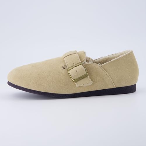 Image of CUSHIONAIRE Women's Nest Genuine Suede Slip-On Shoe with Faux Shearling Lining & Memory Foam | Adjustable Buckle & Non-Slip Sole