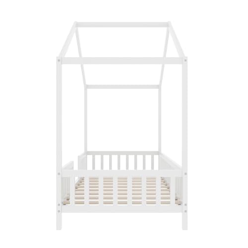 Image of Bellemave Twin House BedFrame with Canopy and Rails, Montessori Bed, House Bed with Rails for Kids, White