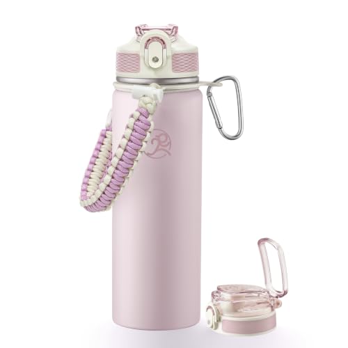 Image of GOSWAG 24oz Insulated Stainless Steel Travel Water Bottle, 2 Lids | with straw and no straw, Paracord handle, Double-wall vacuum keeps drinks cold or hot, Leakproof tumbler