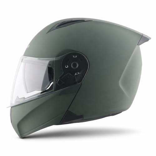 Image of Vega VM-02 Spike Flip-Up Motorcycle Helmet with ISI Certification | High-Impact ABS Shell, Dual Visor, UV & Scratch Resistant: Dull Battle Green , XL