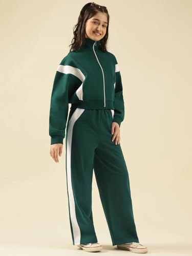 Image of Li'l Tomatoes Girls Solid Fleece Winter Track Suit | Zip-Up High Neck Jacket & Wide-Leg Track Pants | Casual Co-Ord Set | 9-16 Years