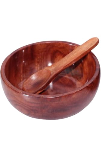 Image of Serving Bowl With Spoon - Decorative Cute Wooden Bowl - Food Safe Natural Wood Snack Bowl - Sheesham With Glossy Finish, 500 Milliliter