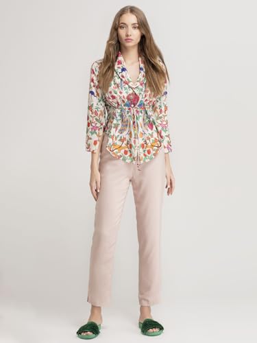 Image of SHAYE Cream Casual Long Sleeves V-Neck Floral Printed Satin Top for Women