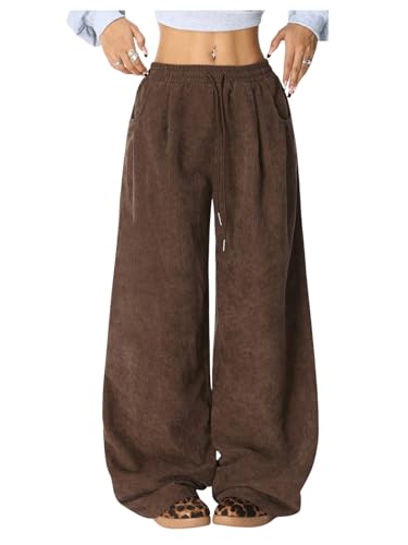 Women's Baggy Corduroy Pants Straight Leg Drawstring Elastic Waist Loose Long Trousers with Pockets